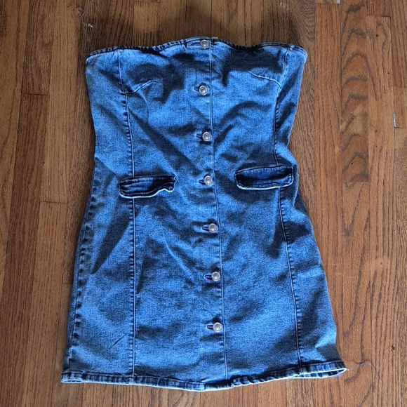 Denim Strapless Button-Up Dress - Picture 1 of 5